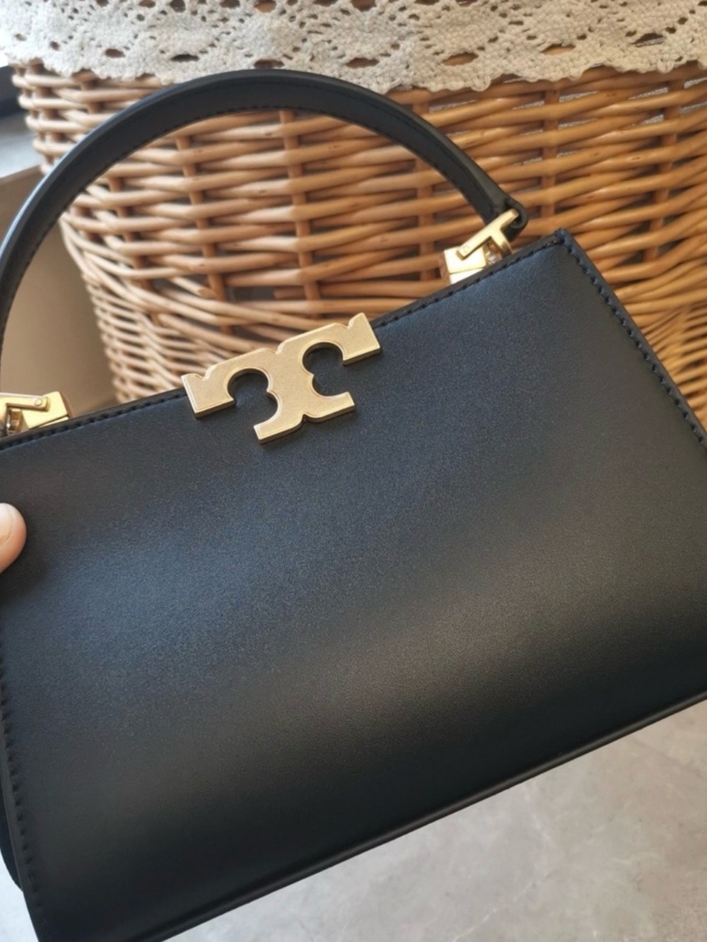Tory Burch Black Leather Top-Handle Satchel with Gold Hardware Accent